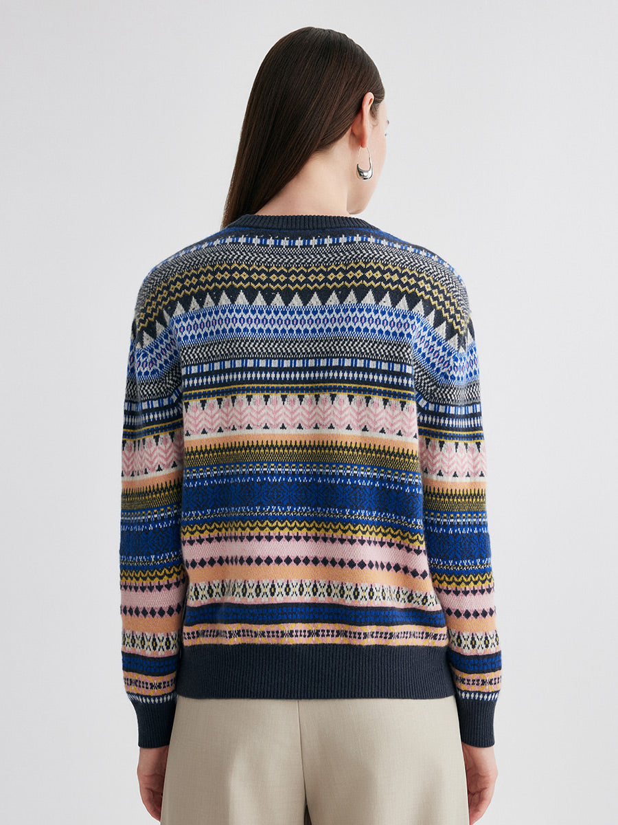 COMOBOCA 100% Cashmere Women's Fair Isle Round Neck Sweater