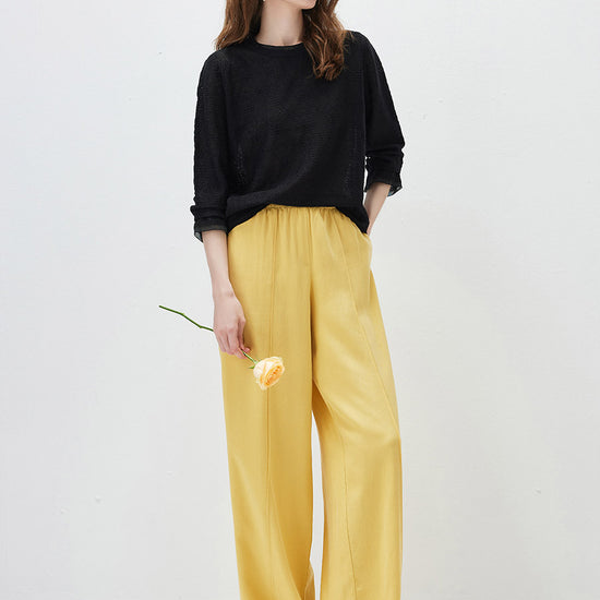 COMOBOCA Women's Textured Sheer Knit Round Neck Sweater