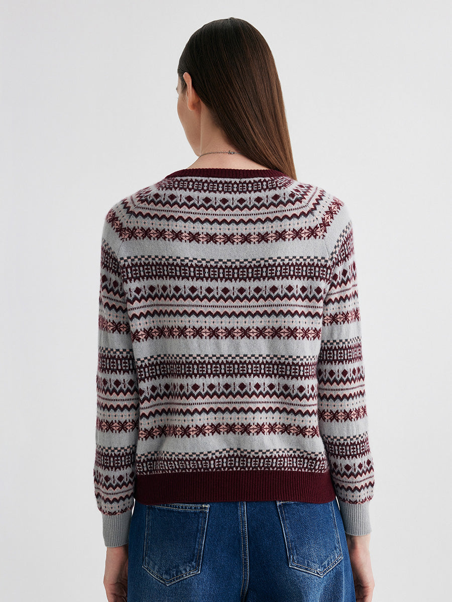 COMOBOCA 100% Cashmere Women's Fair Isle Round Neck Knit Sweater