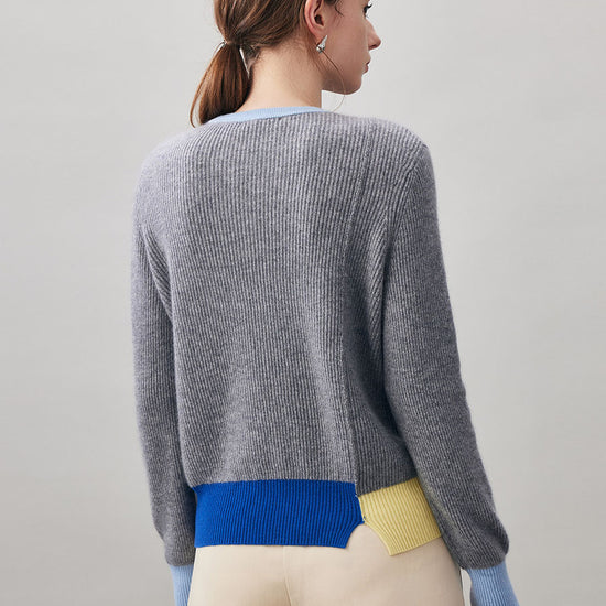 COMOBOCA 100% Cashmere Women's Color Block Ribbed Knit Sweater