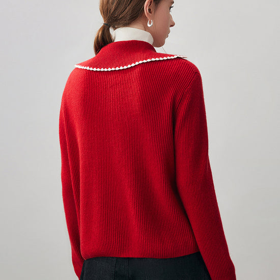 COMOBOCA 100% Cashmere Women's Contrast Trimmed Collared Knit Cardigan