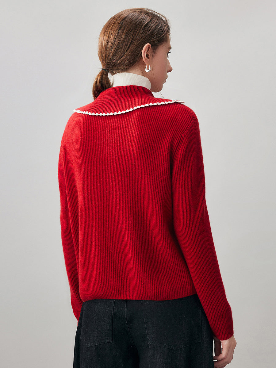 COMOBOCA 100% Cashmere Women's Contrast Trimmed Collared Knit Cardigan