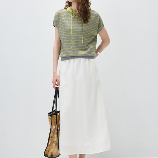 COMOBOCA Women's Striped Contrast Hooded Knit T-Shirt