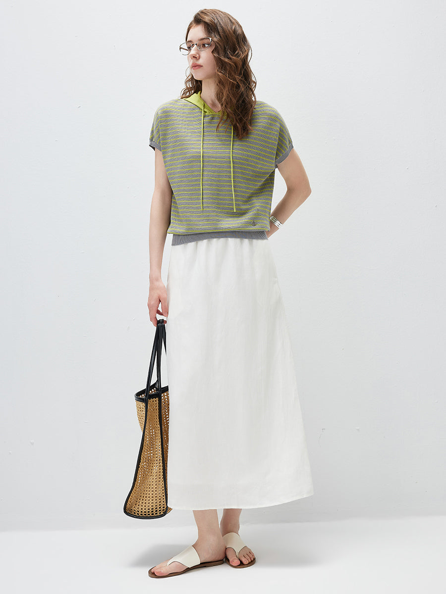 COMOBOCA Women's Striped Contrast Hooded Knit T-Shirt