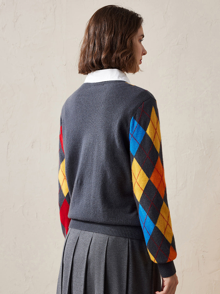 COMOBOCA 100% Cashmere Women's Argyle Pattern Colorful Knit Sweater
