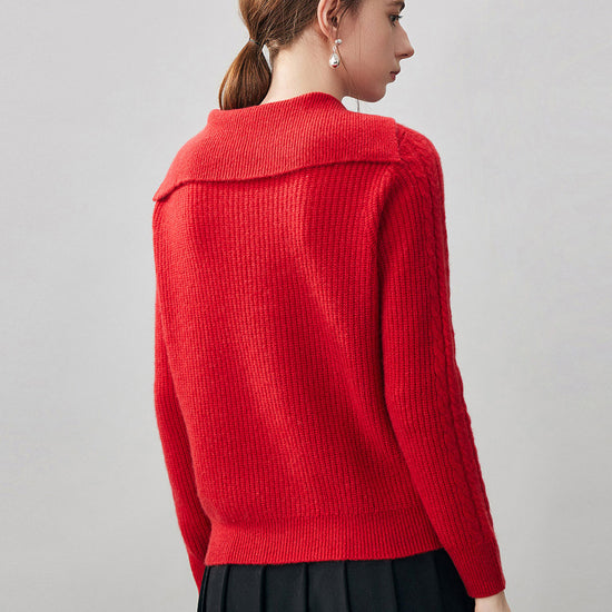 COMOBOCA 100% Cashmere Women's Cable Sailor Collar Sweater