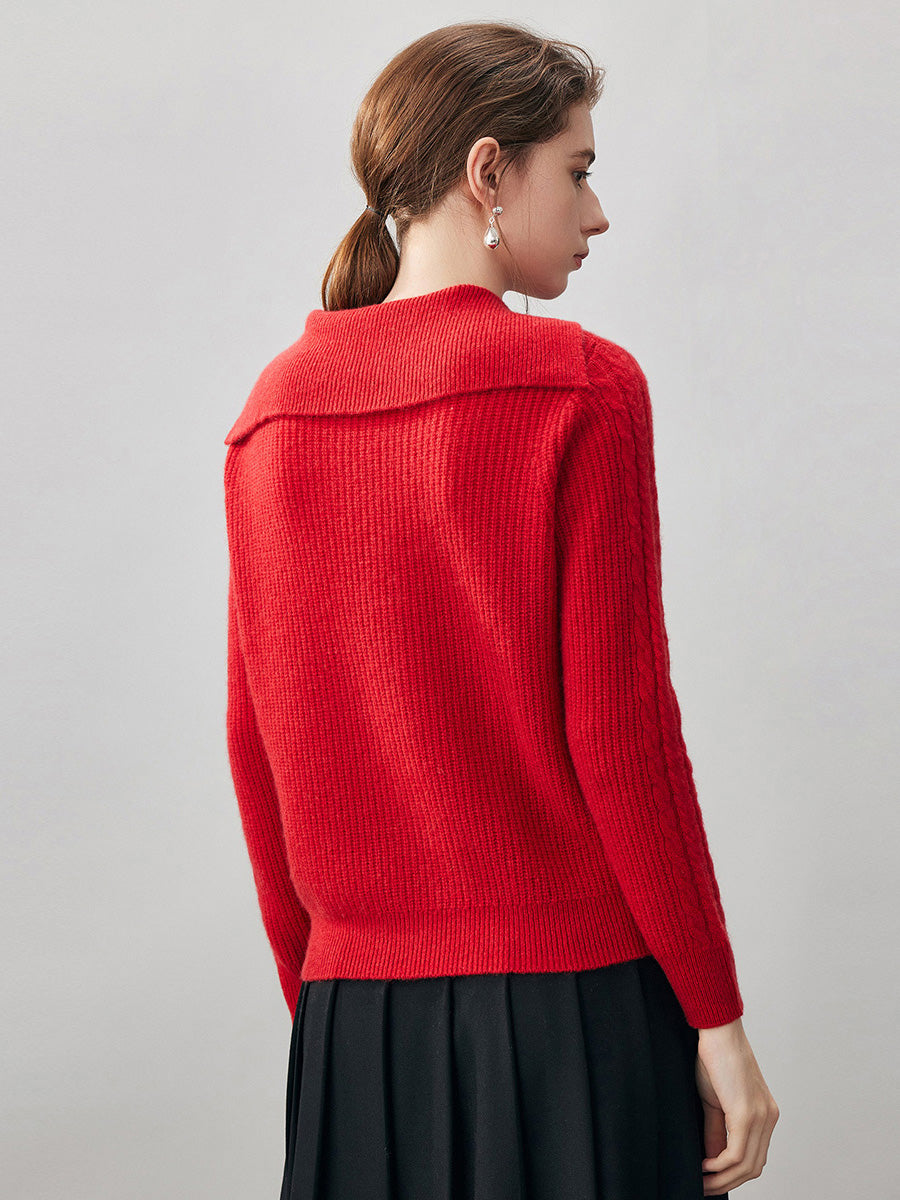 COMOBOCA 100% Cashmere Women's Cable Sailor Collar Sweater