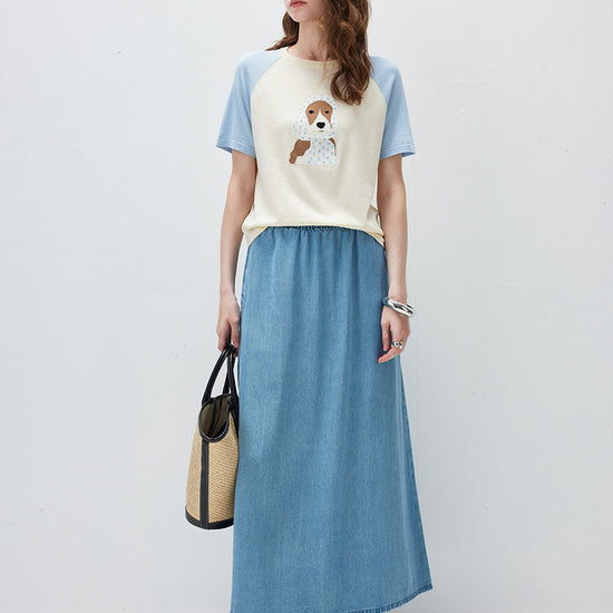 COMOBOCA Women's Puppy Intarsia Raglan Sleeve Knit T-Shirt