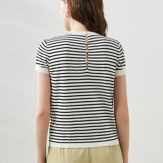 COMOBOCA Women's Striped Button Back T-Shirt