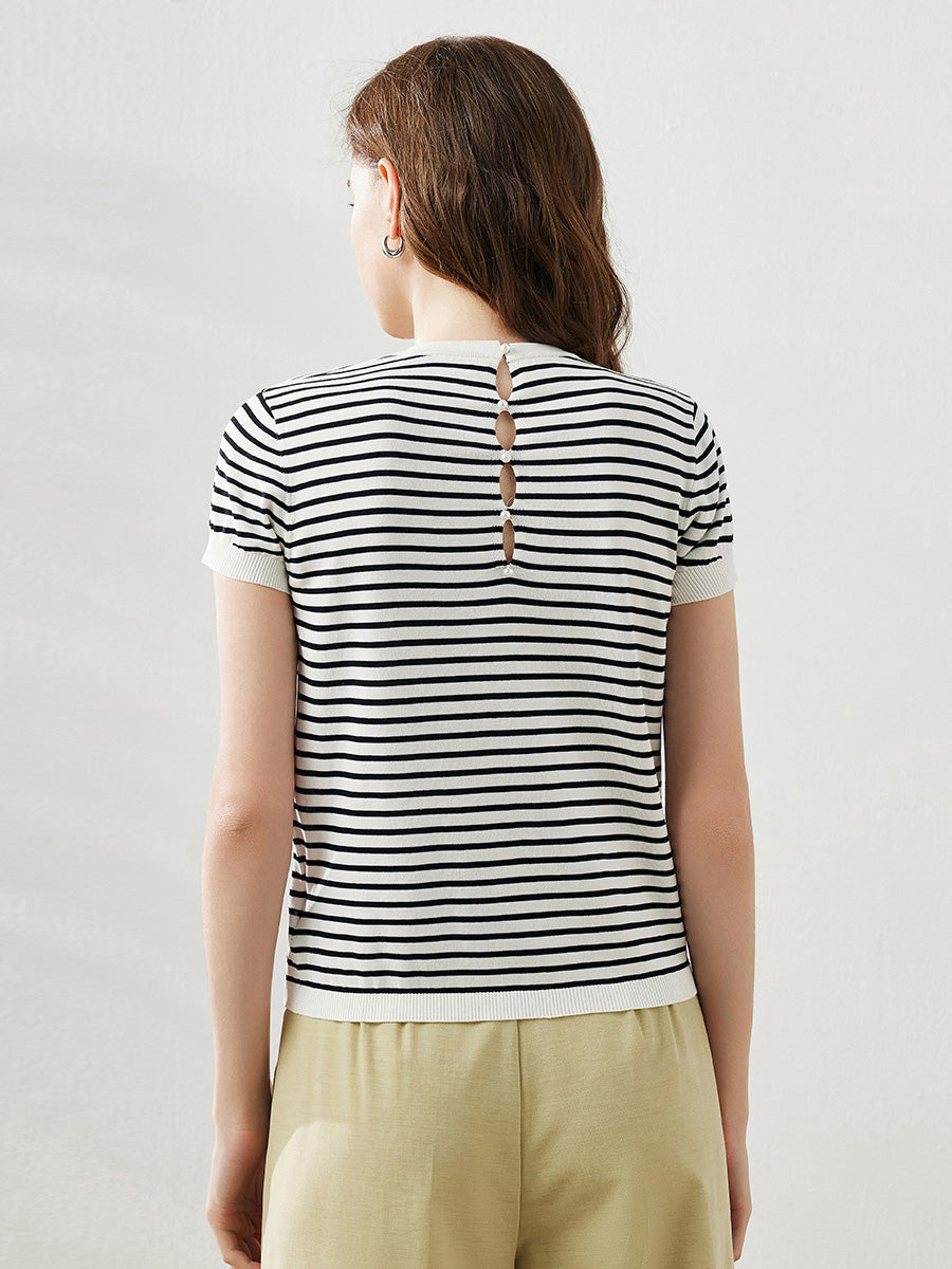 COMOBOCA Women's Striped Button Back T-Shirt