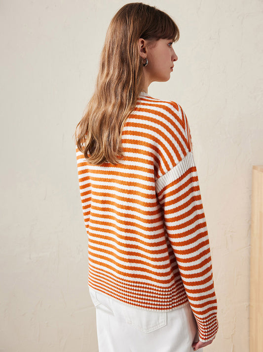 COMOBOCA 100% Wool Women's Striped Knit Pullover Sweater