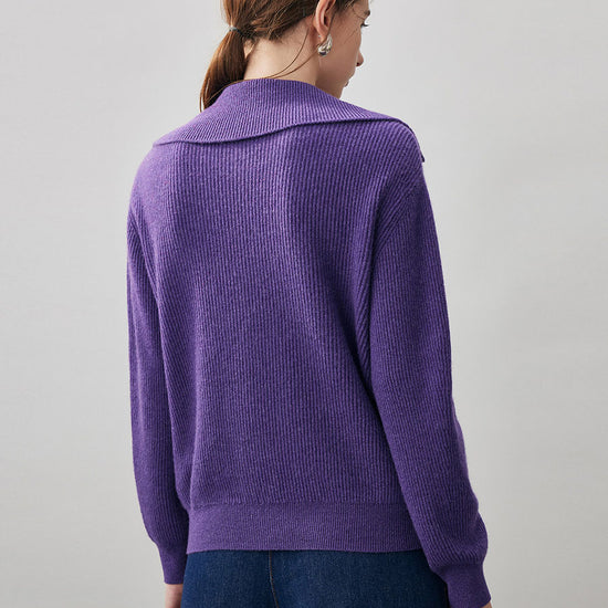 COMOBOCA 100% Cashmere Women's Ribbed Sailor Collar Knit Sweater