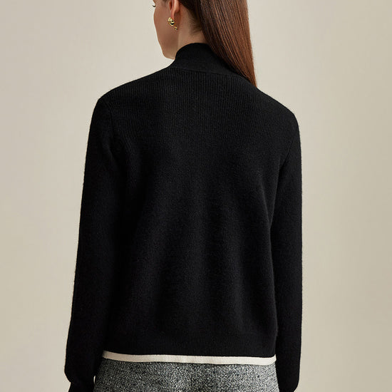 COMOBOCA 100% Cashmere Women's Contrast Trim Dual Zip Pocket Cardigan