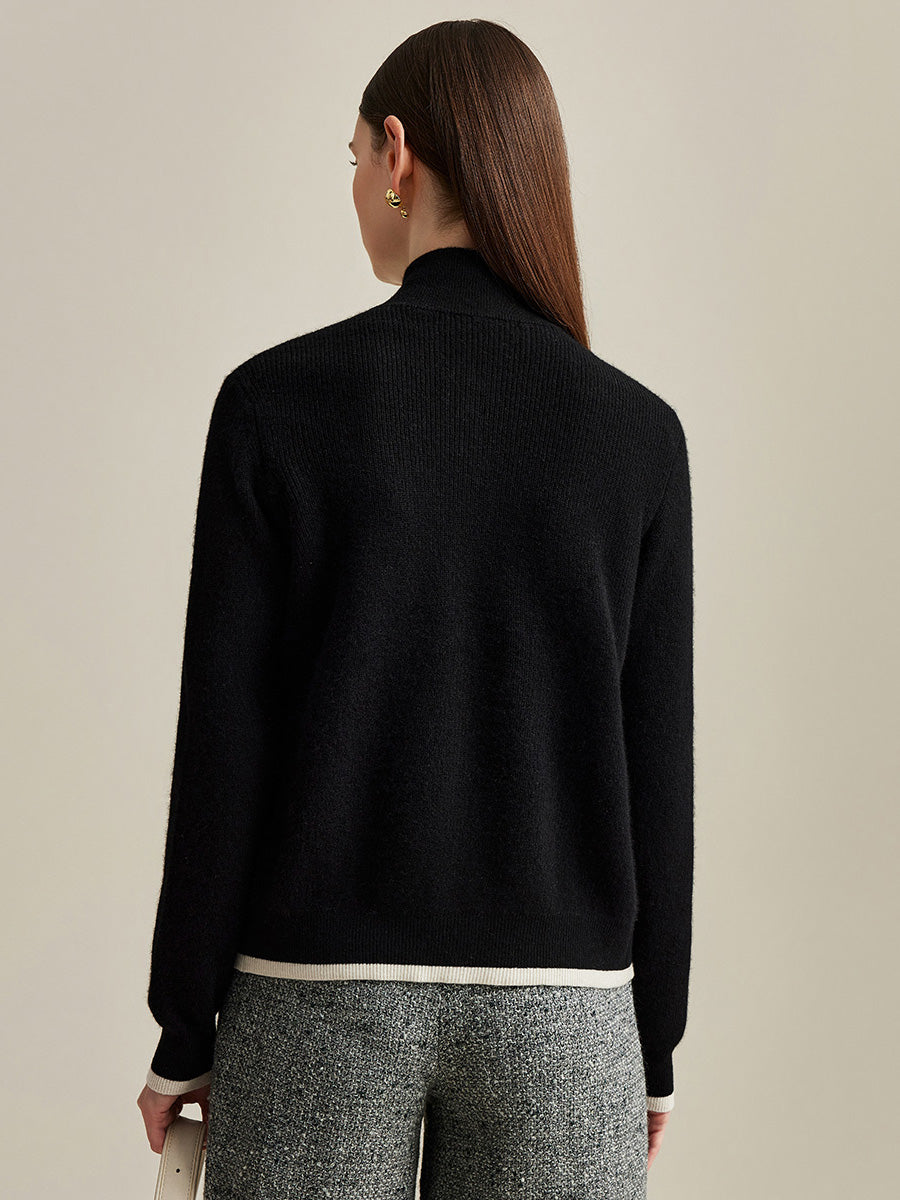 COMOBOCA 100% Cashmere Women's Contrast Trim Dual Zip Pocket Cardigan