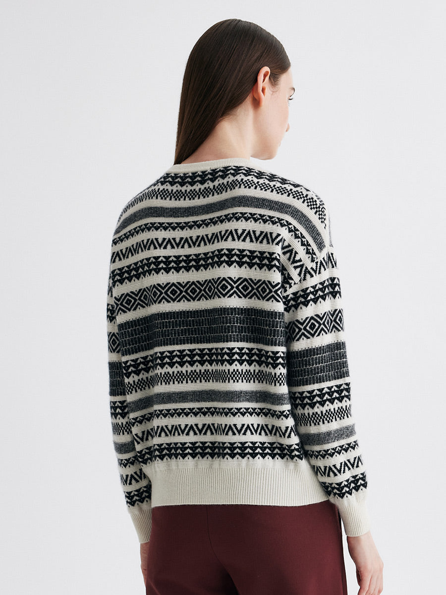 COMOBOCA 100% Cashmere Women's Fair Isle Round Neck Knit Sweater