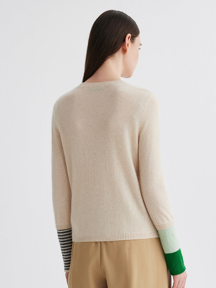 COMOBOCA 100% Cashmere Women's Color-Blocked Sleeve Knit Sweater