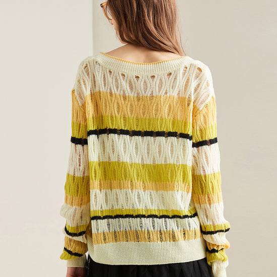 COMOBOCA 100% Cashmere Women's Striped V-Neck Knit Sweater