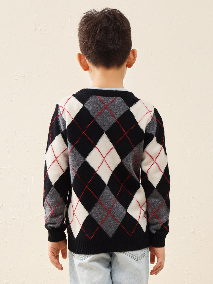 COMOBOCA 100% Wool Kids' Ribbed Argyle Knit Sweater