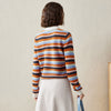 COMOBOCA 100% Cashmere Striped Knit Cardigan with Contrast Collar