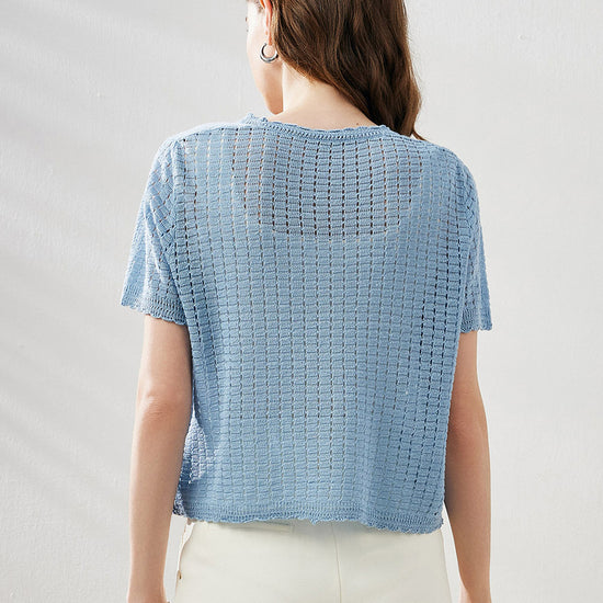 COMOBOCA Women's Linen Crochet Tie Short Sleeve Cardigan