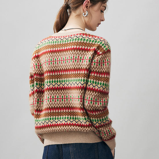 COMOBOCA 100% Cashmere Women's Fair Isle Round Neck Sweater