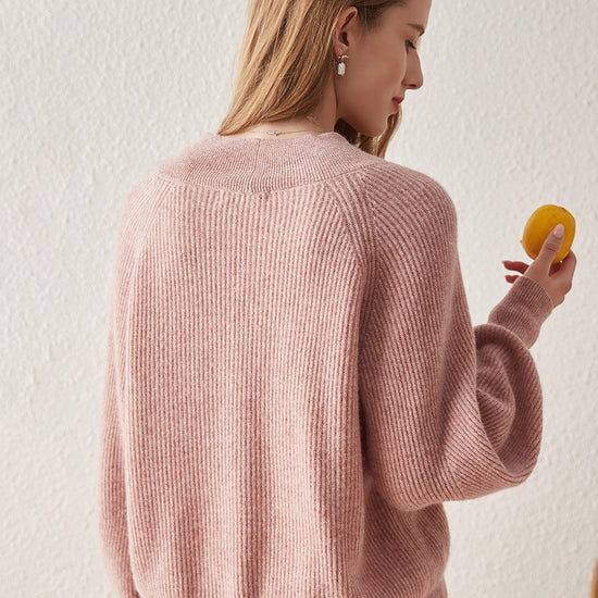 COMOBOCA 100% Cashmere Women's Lantern Sleeve V-Neck Knit Sweater