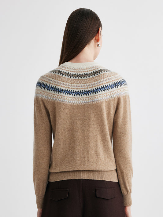 COMOBOCA 100% Cashmere Women's Fair Isle Henley Neck Sweater
