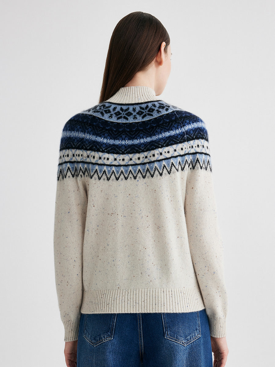 COMOBOCA 100% Cashmere Women's Fair Isle Mock Neck Sweater