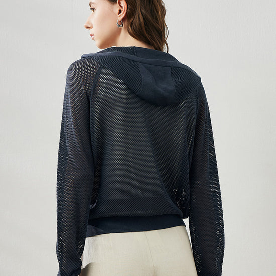 COMOBOCA Women's Ribbed Mesh Zip-Up Hoodie