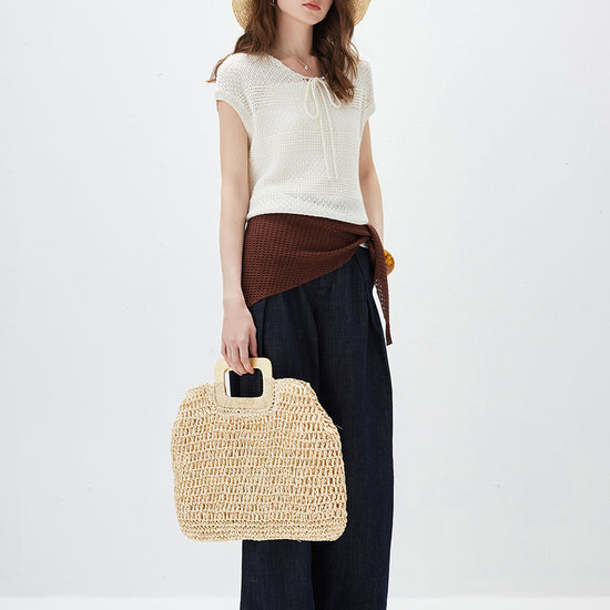 COMOBOCA Women's Tie-Neck Textured Knit Cap Sleeve Top