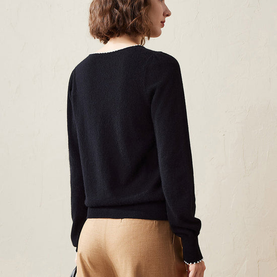 COMOBOCA 100% Cashmere Women's Pearl-Trimmed Knit Sweater