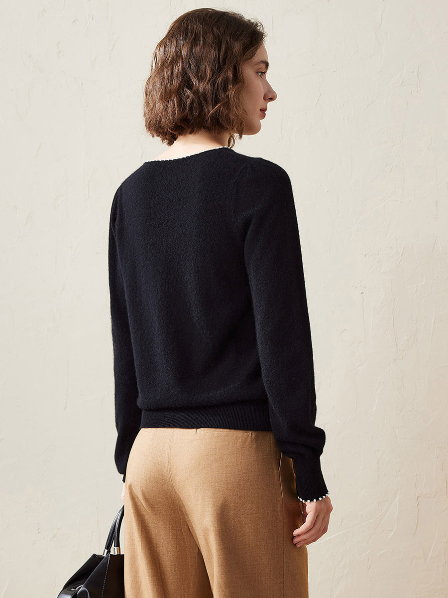 COMOBOCA 100% Cashmere Women's Pearl-Trimmed Knit Sweater