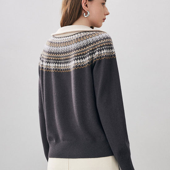 COMOBOCA 100% Wool Women's Fair Isle Zip Up Sweater