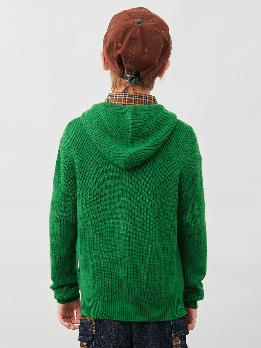COMOBOCA 100% Wool Kids' Ribbed Zip Up Hooded Cardigan