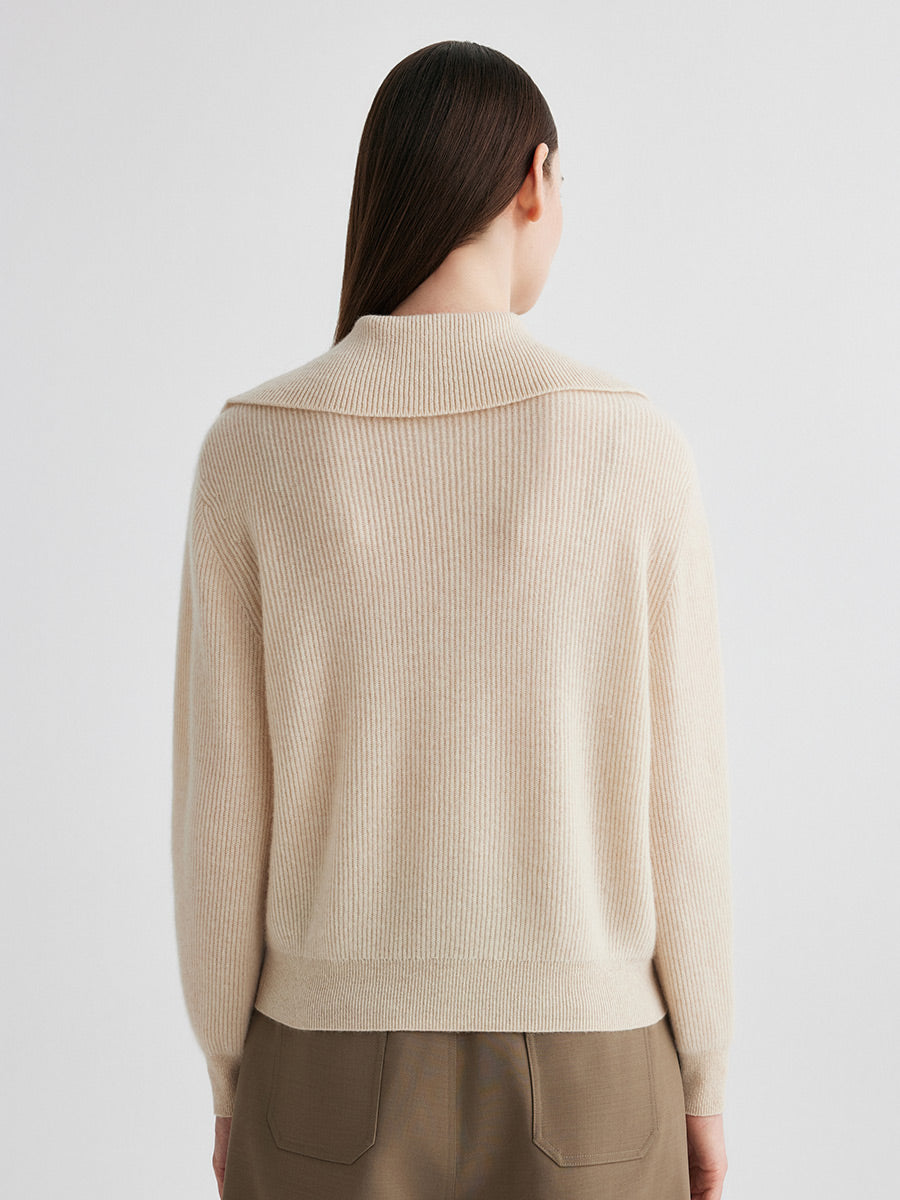 COMOBOCA 100% Cashmere Women's Ribbed Sailor Collar Knit Sweater