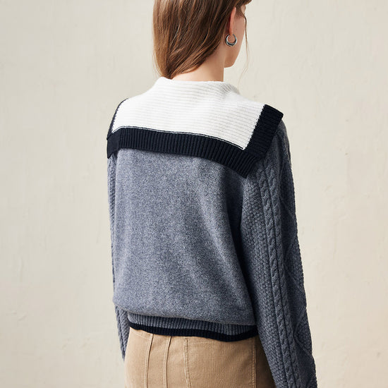 COMOBOCA 100% Wool Women's Cable Knit Sweater with Bow Collar