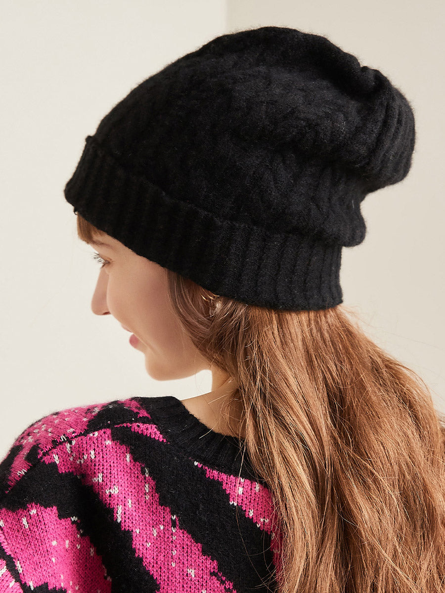 COMOBOCA Black 100% Cashmere Cable Slouchy Beanie