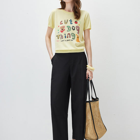 COMOBOCA Women's Ribbed Graphic Print Knit T-Shirt