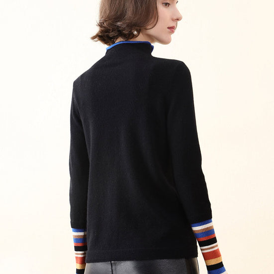 COMOBOCA 100% Cashmere Women's Knit Sweater with Colorful Cuffs