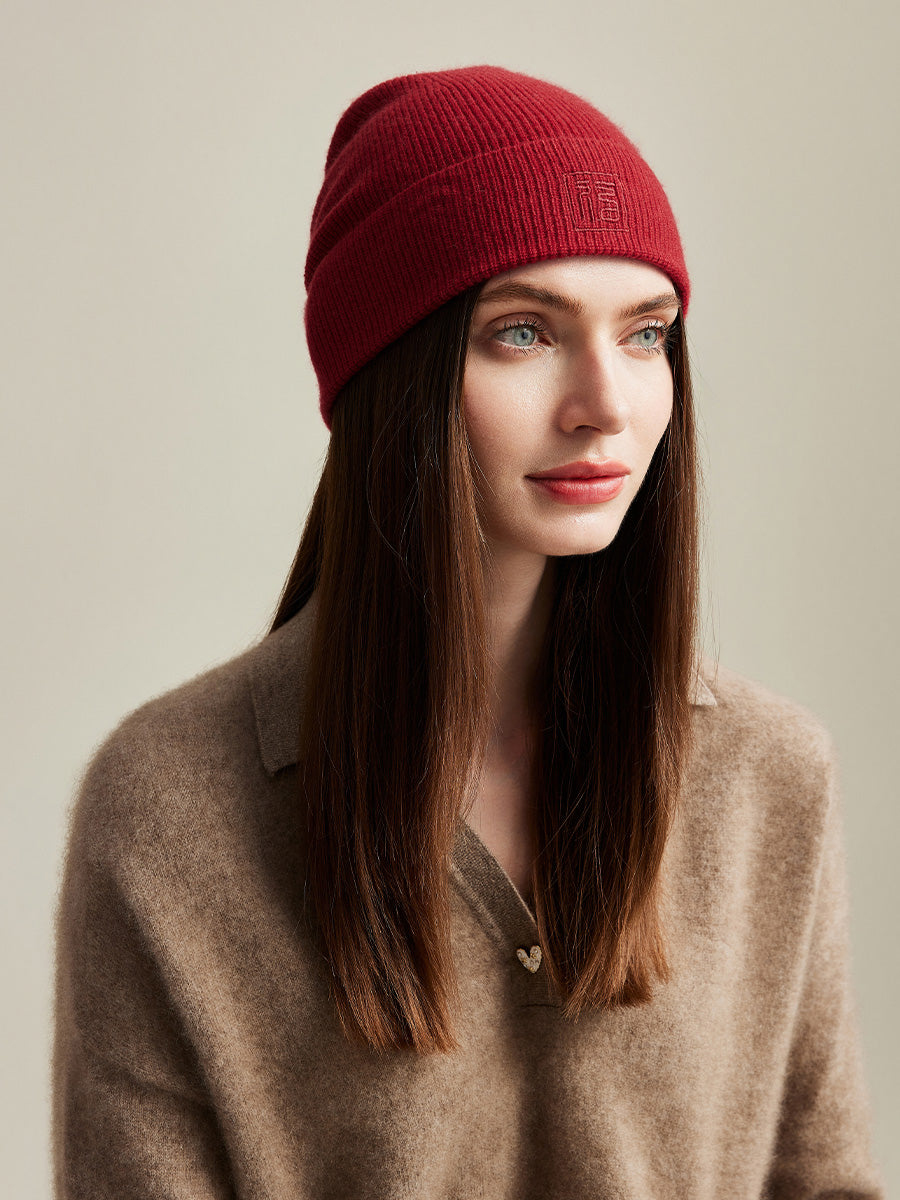 COMOBOCA Deep Red 100% Cashmere Women's Ribbed Knit Beanie