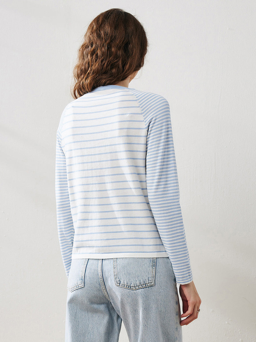 COMOBOCA Women's Cotton Silk Striped Smiley Patch T-Shirt Knit Sweater