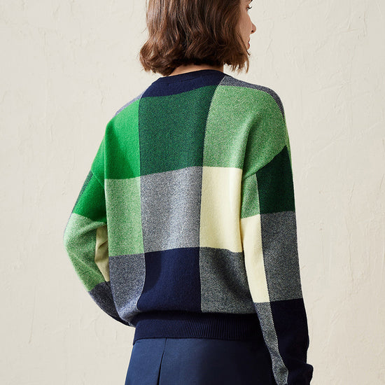 COMOBOCA 100% Cashmere Women's Color Block Plaid Sweater