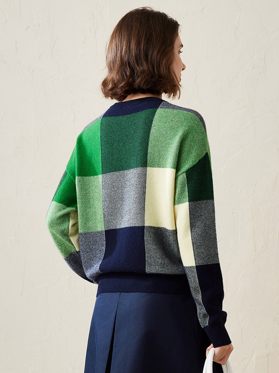 COMOBOCA 100% Cashmere Women's Color Block Plaid Sweater