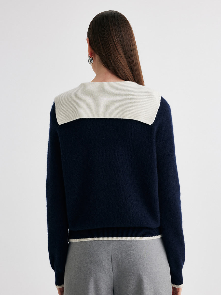 COMOBOCA 100% Cashmere Women's Contrast Collar Double Zip Cardigan