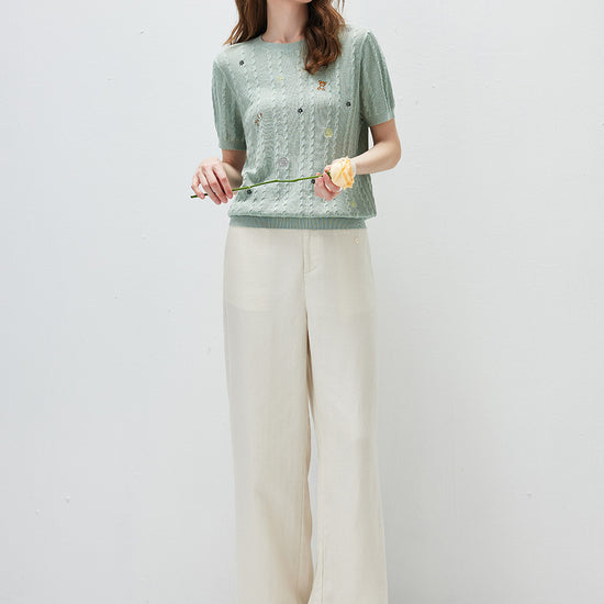 COMOBOCA Women's Cable Knit Embroidered Sweater