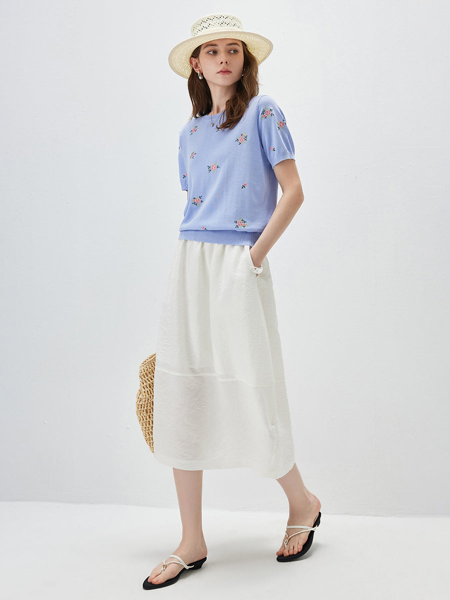 COMOBOCA Women's Floral Embroidery Knit T-Shirt