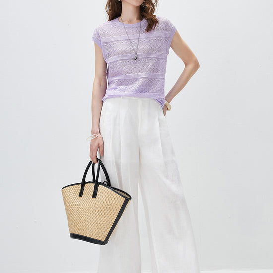 COMOBOCA Women's Openwork Striped Sleeveless Knit T-Shirt