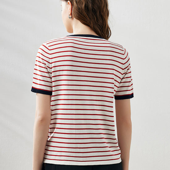 COMOBOCA Women's Striped Ribbed Contrast Trim T-Shirt