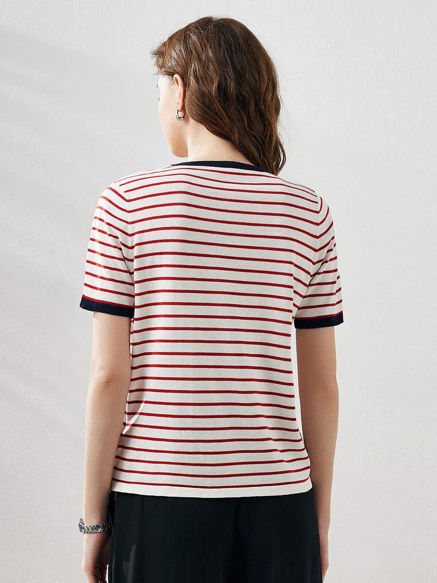 COMOBOCA Women's Striped Ribbed Contrast Trim T-Shirt
