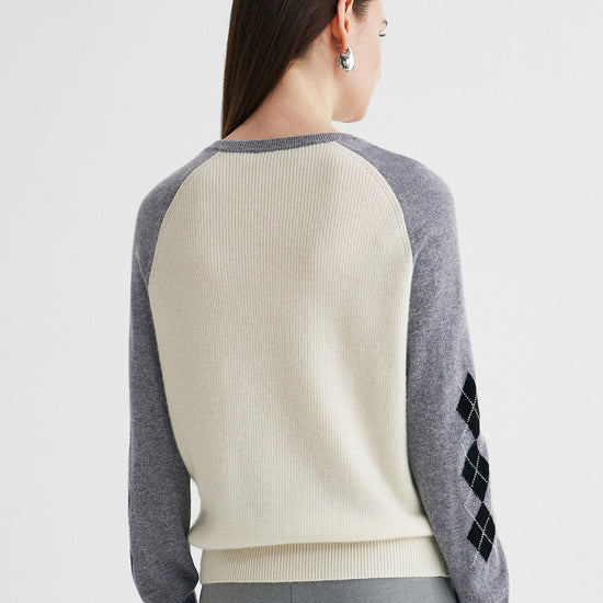 COMOBOCA 100% Cashmere Women's Color Block Round Neck Sweater